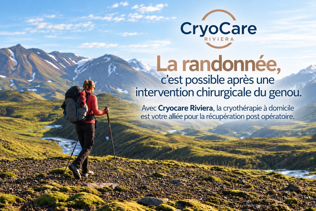 Une randonneuse en montagne, de dos, bâtons en main : la randonnée, c'est possible après une intervention chirurgicale du genou, avec la cryothérapie CryoCare Riviera pour la récupération post-opératoire.