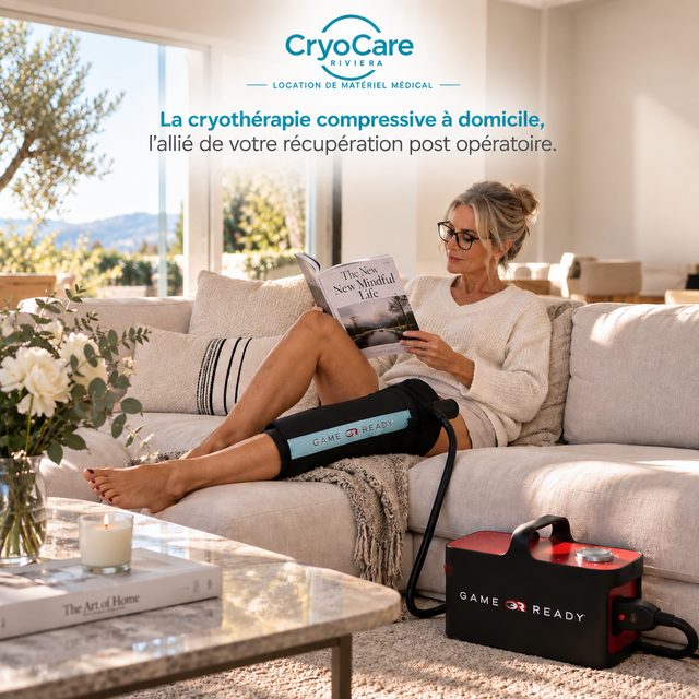 Une femme lit tranquillement sur son canapé, l'enveloppe Game Ready sur le genou reliée à l'unité posée au sol : la cryothérapie compressive à domicile, l'alliée de votre récupération post-opératoire