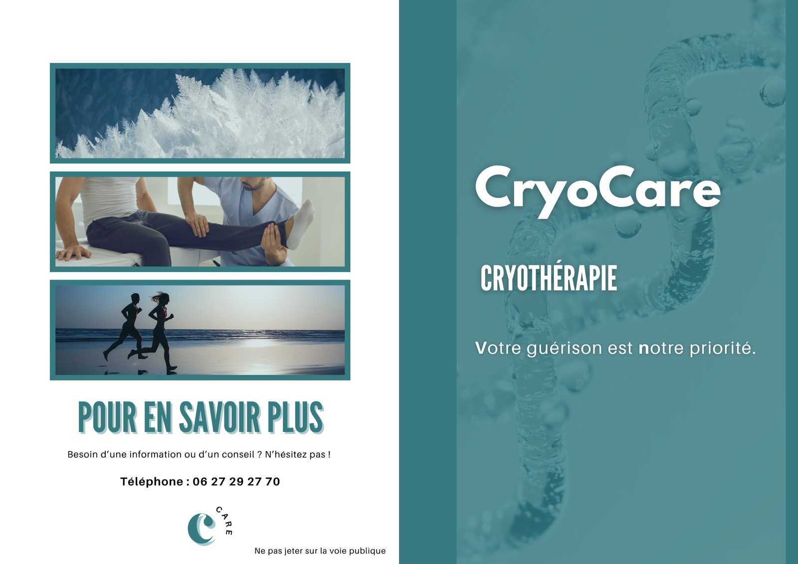 Plaquette CryoCare Riviera recto : logo, slogan « Votre guérison est notre priorité » et photos lifestyle