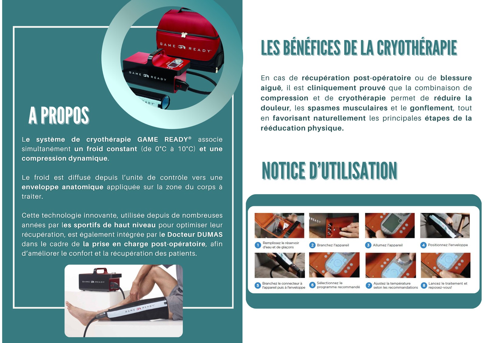 Notice d'utilisation officielle Game Ready en 8 étapes — plaquette CryoCare Riviera